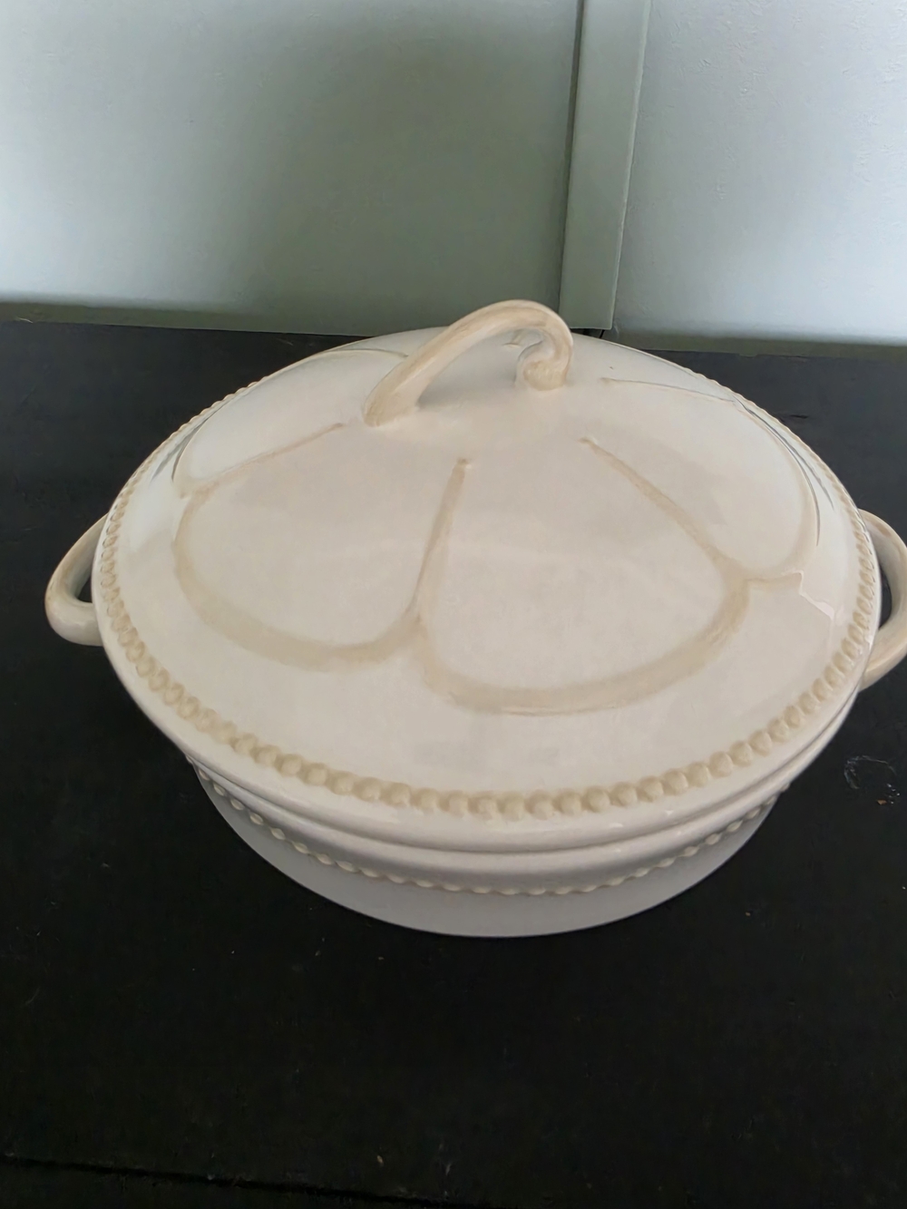 Princess House Cream Ceramic Covered Casserole with Beaded Trim